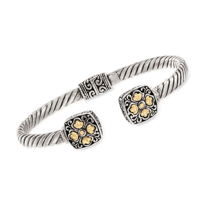 Sterling Silver with 14kt Yellow Gold Bali-Style Flower Cuff Bracelet image number 0