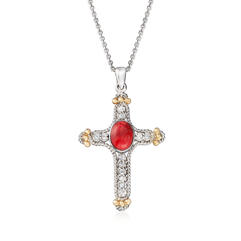 Coral and .20 ct. t.w. White Topaz Cross Pendant Necklace in Sterling Silver and 14kt Yellow Gold image number 0