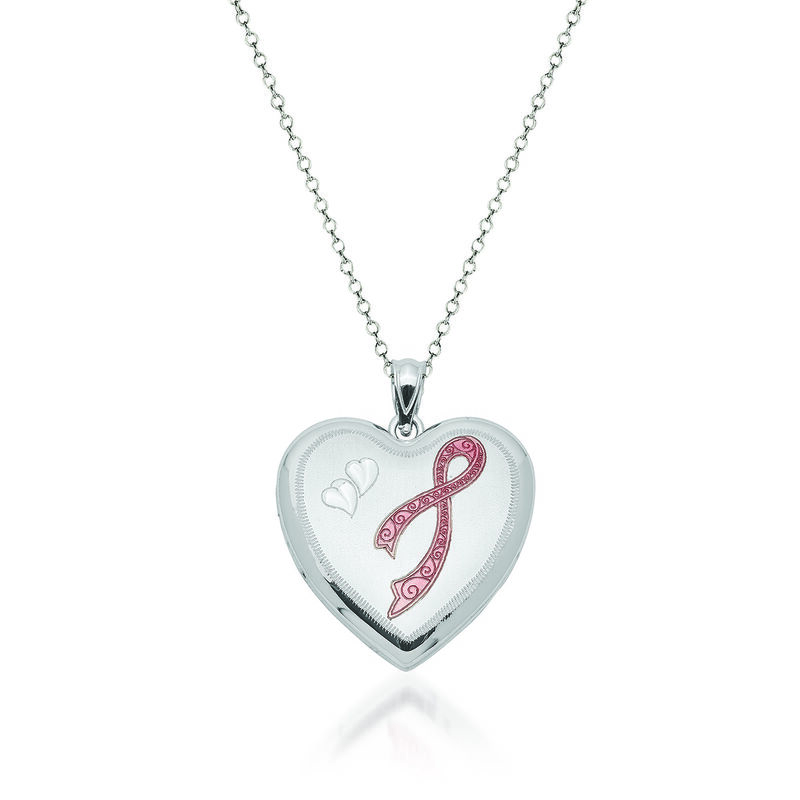 Sterling Silver Breast Cancer Awareness Heart Locket Necklace with Pink Enamel. 18&quot; image number 0