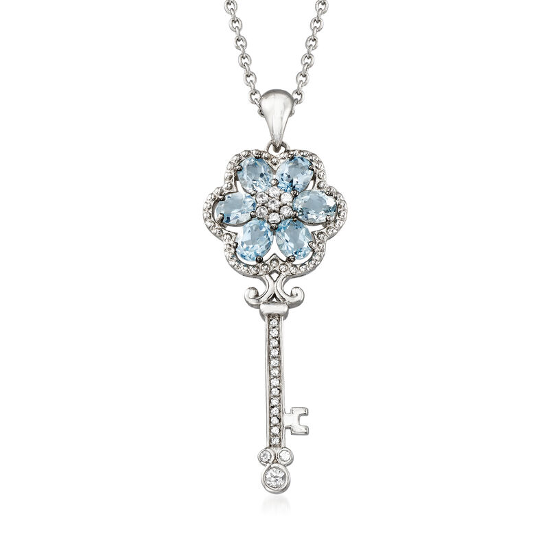 2.40 ct. t.w. Aquamarine and .40 ct. t.w. White Zircon Key Pendant Necklace in Sterling Silver. 20&quot; image number 0