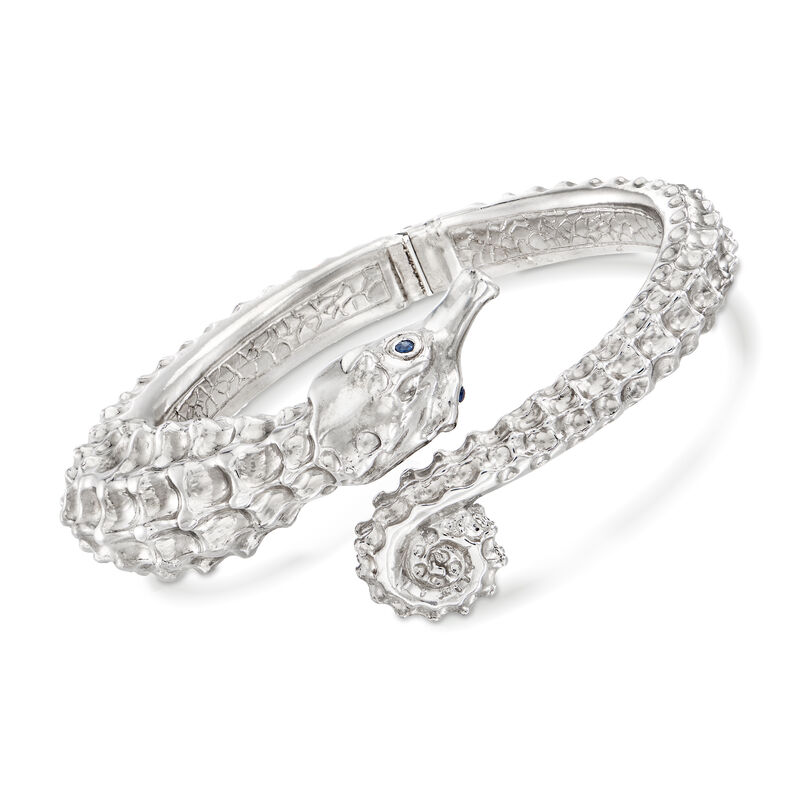 Italian Sterling Silver Seahorse Bypass Bangle Bracelet with Sapphires image number 0