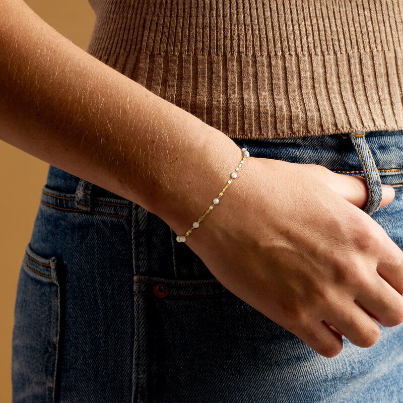 3-3.5mm Cultured Pearl Station Lumachina-Chain Bracelet in 14kt Yellow Gold. 7&quot; image number 1