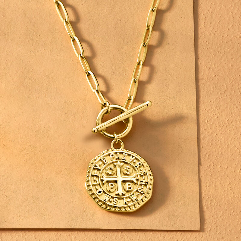 18kt Gold Over Sterling Replica Etruscan Coin Paper Clip Link Toggle Necklace image number 2