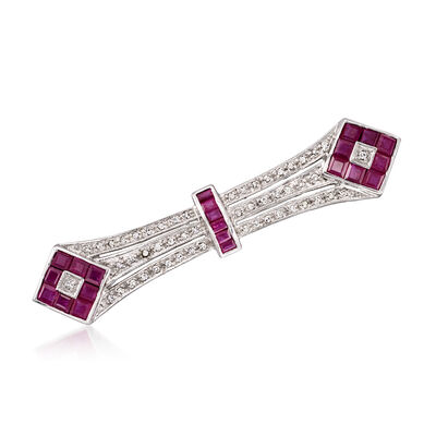 C. 1980 Vintage 2.40 ct. t.w. Ruby and .40 ct. t.w. Diamond Bar Pin in 14kt White Gold