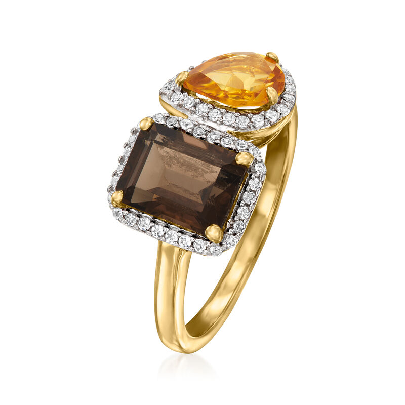 1.80 Carat Smoky Quartz and .70 Carat Citrine Toi et Moi Ring with .20 ct. t.w. White Topaz in 18kt Gold Over Sterling image number 2