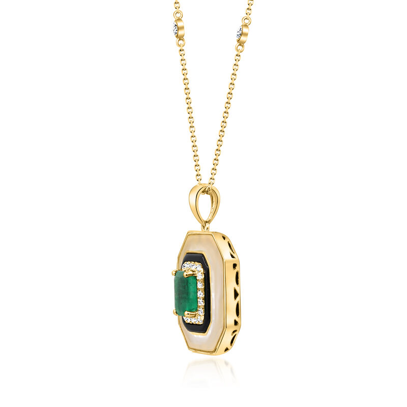 1.00 Carat Emerald and .15 ct. t.w. Diamond Pendant Necklace with Onyx and Mother-of-Pearl in 14kt Yellow Gold. 16&quot; image number 1