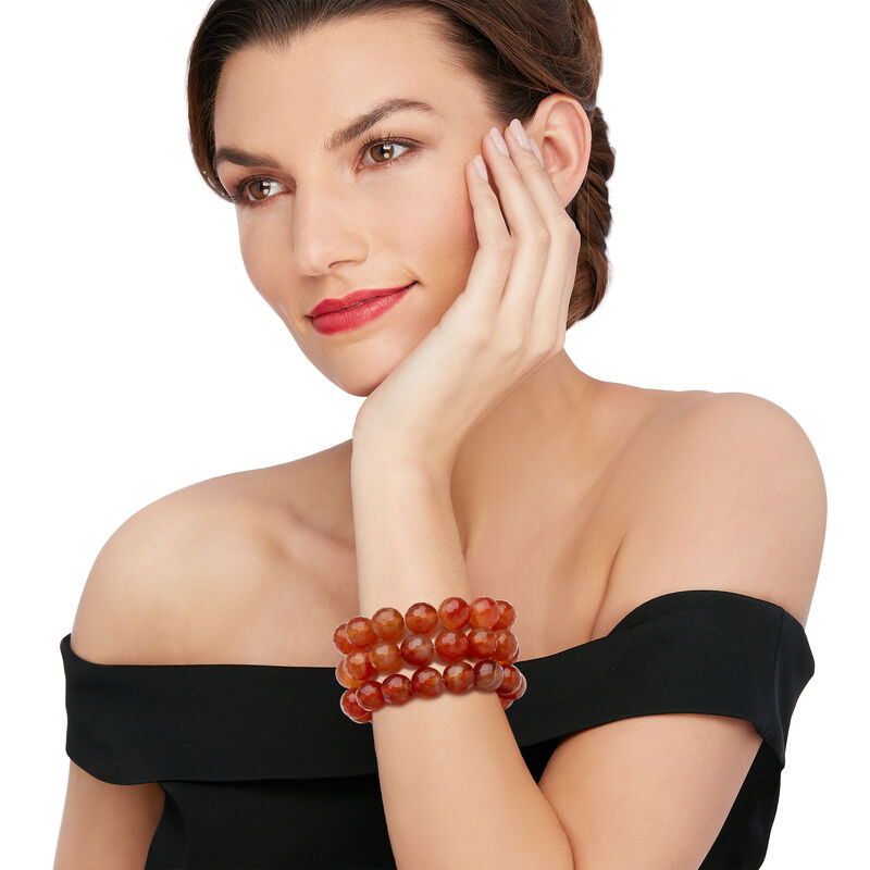 14mm Orange Agate Bead Set: Three Stretch Bracelets. 7&quot; image number 1