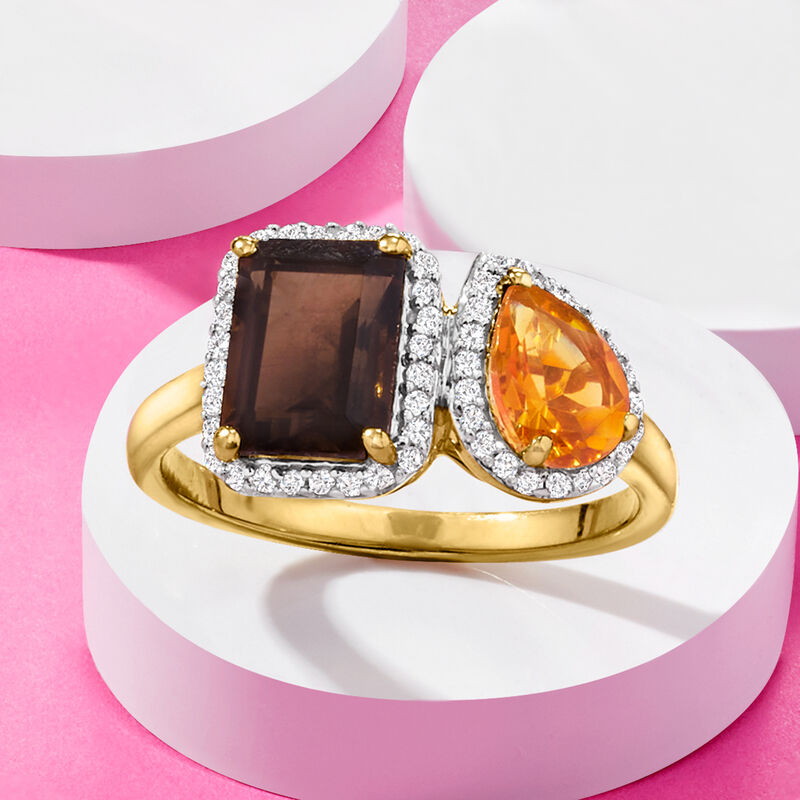 1.80 Carat Smoky Quartz and .70 Carat Citrine Toi et Moi Ring with .20 ct. t.w. White Topaz in 18kt Gold Over Sterling image number 3