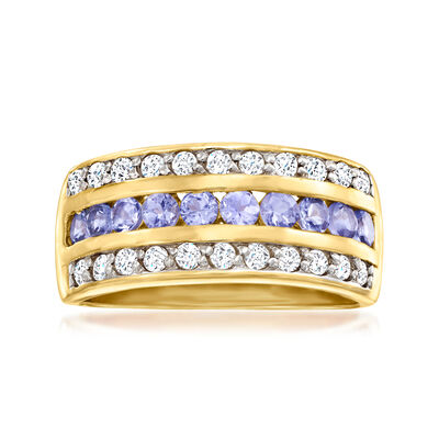 .60 ct. t.w. Tanzanite and .60 ct. t.w. White Topaz Multi-Row Ring in 18kt Gold Over Sterling
