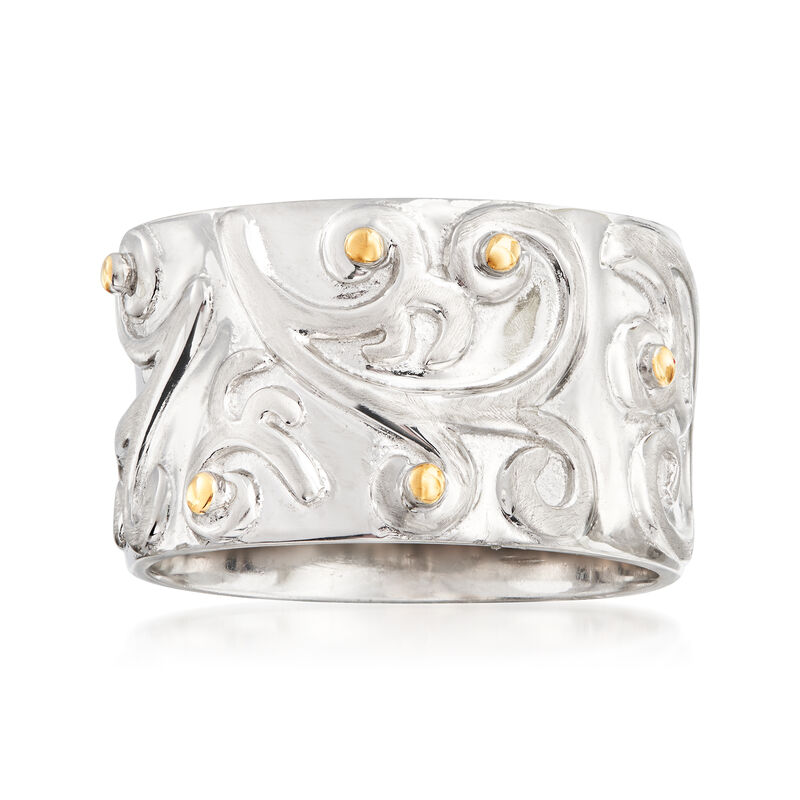 Sterling Silver Wide Scroll Ring with 14kt Yellow Gold image number 0