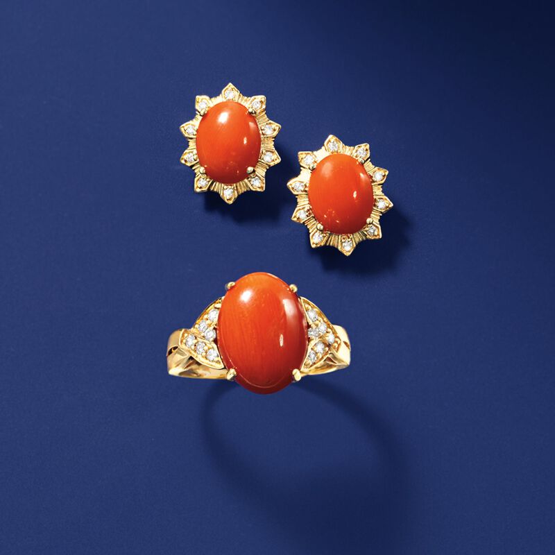 Coral and .14 ct. t.w. Diamond Stud Earrings in 18kt Yellow Gold image number 2