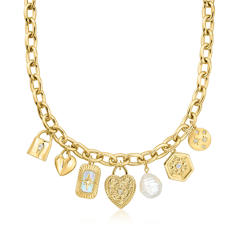 14kt Yellow Gold-Plated Charm Necklace with Simulated Gemstones, Pearl and .50 ct. t.w. CZs. 18" image number 1