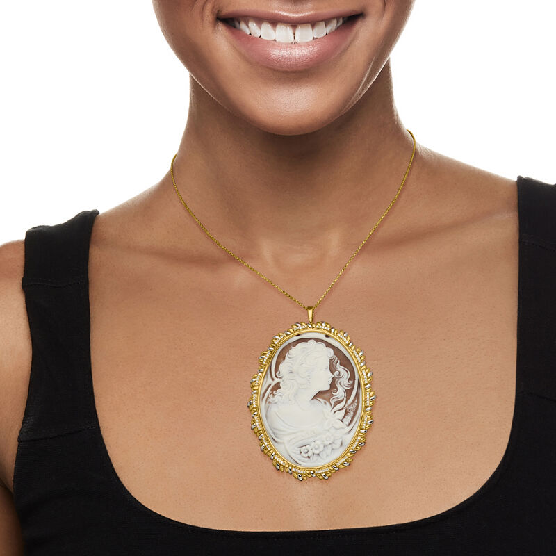 C. 1960 Vintage Brown Shell Cameo Pin/Pendant with .75 ct. t.w. Diamonds in Platinum and 18kt Yellow Gold  image number 1