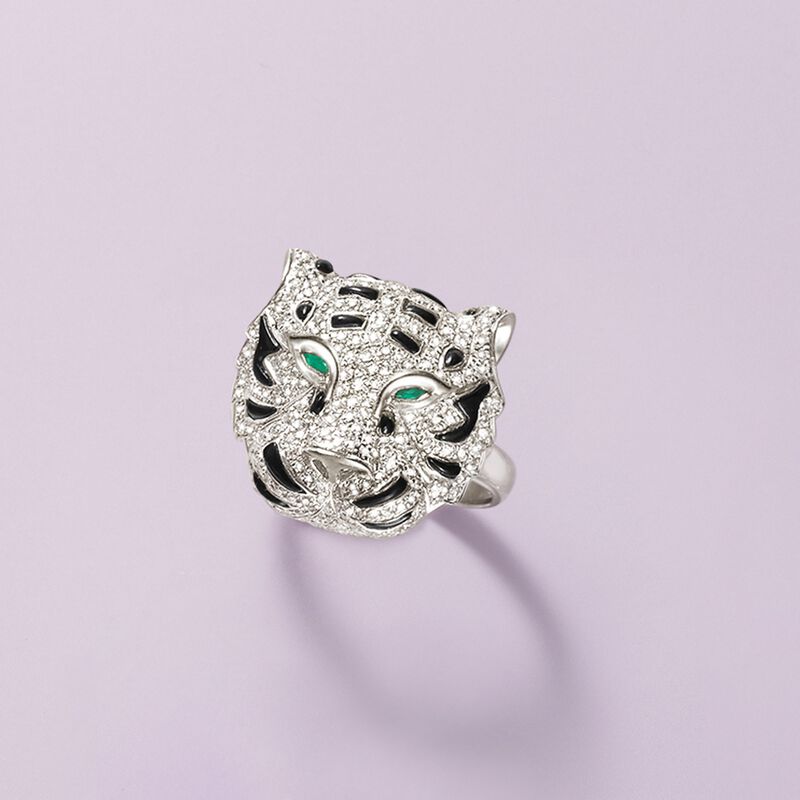 Black Onyx and .85 ct. t.w. Diamond Tiger Ring with Emerald Accents in 18kt White Gold image number 4