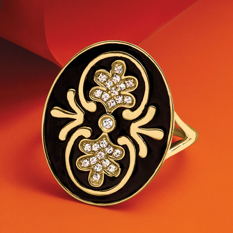 .60 ct. t.w. White Topaz and Black Enamel Ring in 18kt Gold Over Sterling image number 3