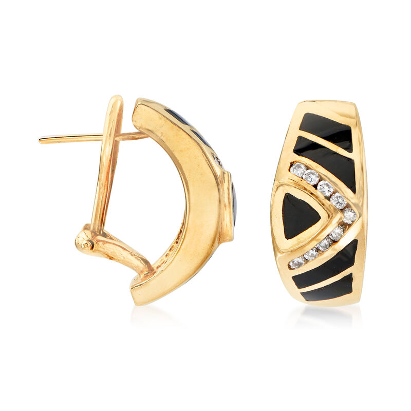 C. 1980 Vintage Black Onyx and .36 ct. t.w. Diamond Earrings in 14kt Yellow Gold image number 2