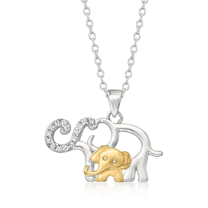 .10 ct. t.w. Diamond Mother and Baby Elephant Pendant Necklace in Sterling Silver and 18kt Gold Over Sterling. 18&quot; image number 1