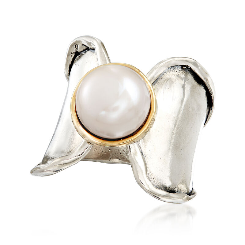 9.5-10mm Bezel-Set Cultured Pearl Ring in Sterling and 14kt Gold image number 3
