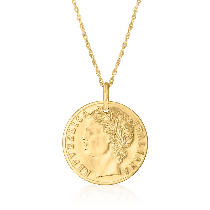 Italian 14kt Yellow Gold Reversible Replica 100-Lira Coin Pendant Necklace in 14kt Yellow Gold image number 0