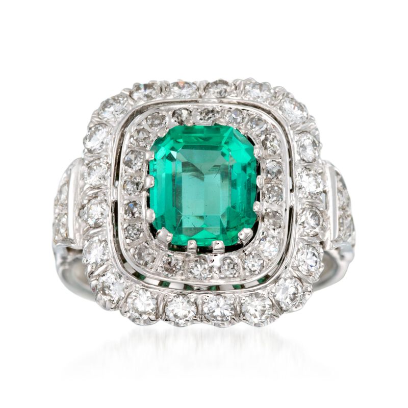 C. 1980 Vintage 1.90 Carat Emerald and 1.25 ct. t.w. Diamond Ring in 14kt White Gold image number 0