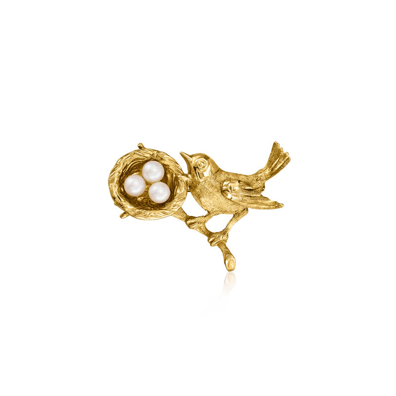 C. 1980 Vintage 14kt Yellow Gold Bird in Nest Pin with 3.5mm Cultured Pearls image number 0