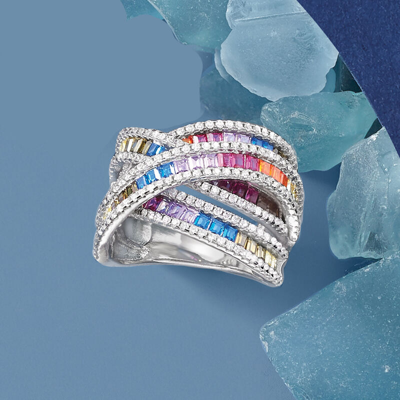 2.35 ct. t.w. Multicolored CZ Highway Ring in Sterling Silver image number 4