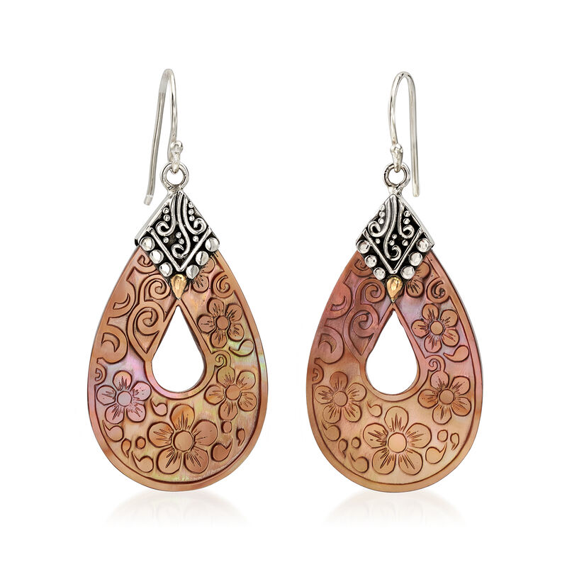 Brown Mother-of-Pearl Bali-Style Floral Drop Earrings with Sterling Silver and 18kt Yellow Gold image number 2