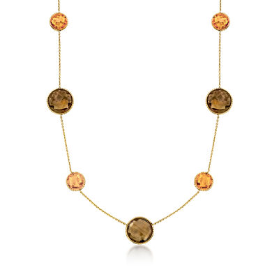 C. 1990 Vintage 30.60 ct. t.w. Smoky Quartz and 20.80 ct. t.w. Citrine Station Necklace in 14kt Yellow Gold