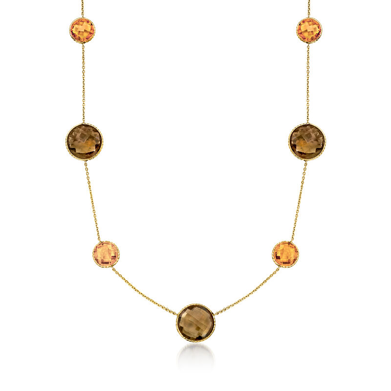 C. 1990 Vintage 30.60 ct. t.w. Smoky Quartz and 20.80 ct. t.w. Citrine Station Necklace in 14kt Yellow Gold. 17" image number 0