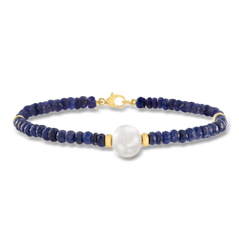 9-10mm Cultured Pearl and 22.00 ct. t.w. Sapphire Bead Bracelet in 14kt Yellow Gold image number 0
