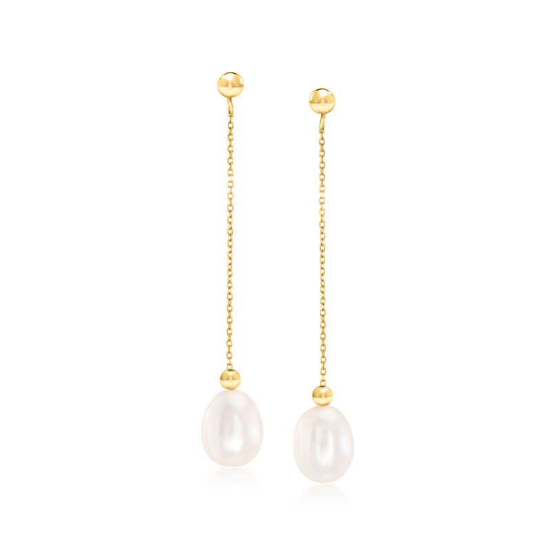 8-8.5mm Cultured Pearl and Bead Chain Drop Earrings in 14kt Yellow Gold  image number 0