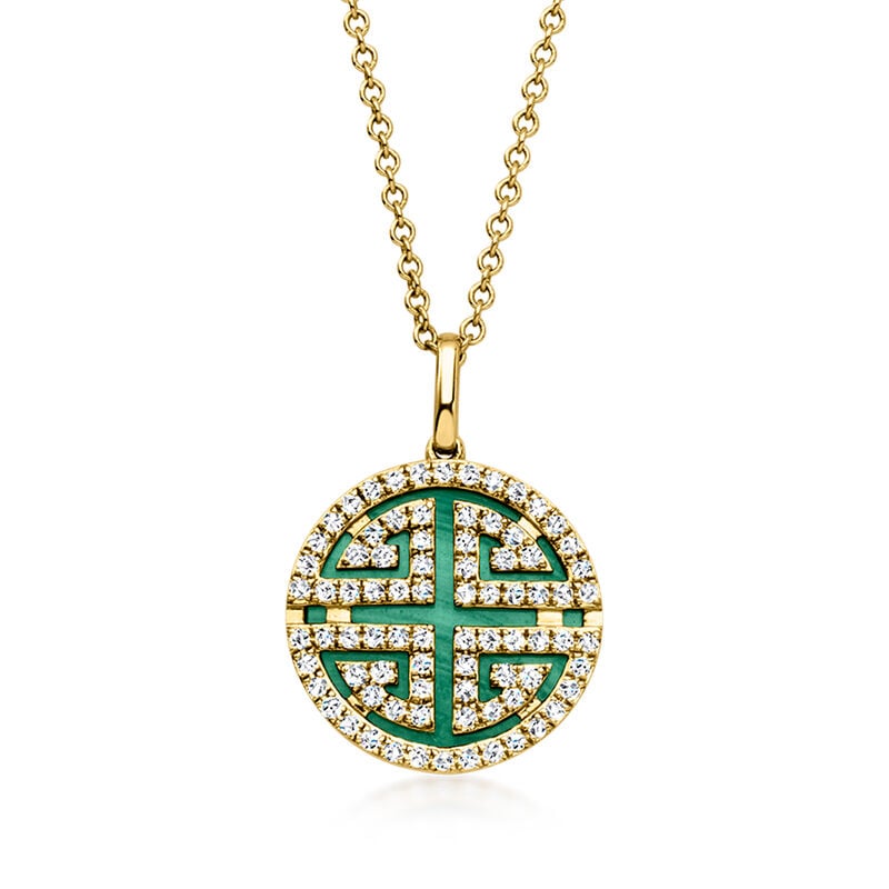C. 2000 Vintage Effy Malachite and .35 ct. t.w. Diamond Pendant Necklace in 14kt Yellow Gold. 16" image number 0