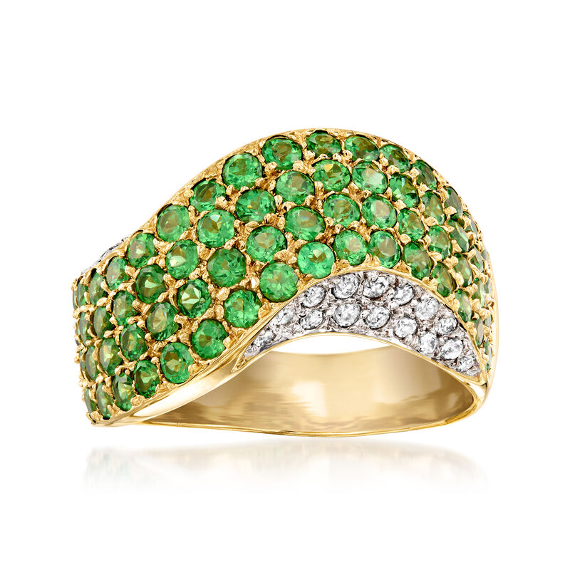 C. 1980 Vintage 2.30 ct. t.w. Tsavorite and .45 ct. t.w. Diamond Wave Ring in 14kt Yellow Gold. Size 8 image number 0