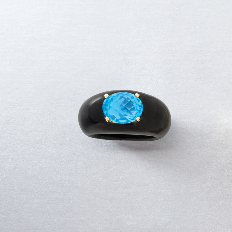 Black Jade and 3.20 Carat Blue Topaz Ring with 14kt Yellow Gold image number 3