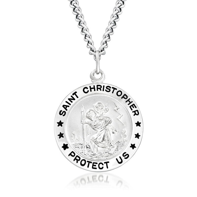 Men's Sterling Silver Saint Christopher Medal with Stainless Steel Chain image number 0