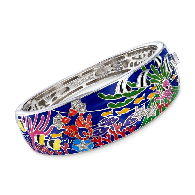 Belle Etoile &quot;Seahorse&quot; Multicolored Enamel and .10 ct. t.w. CZ Bangle Bracelet in Sterling Silver. 7&quot; image number 0