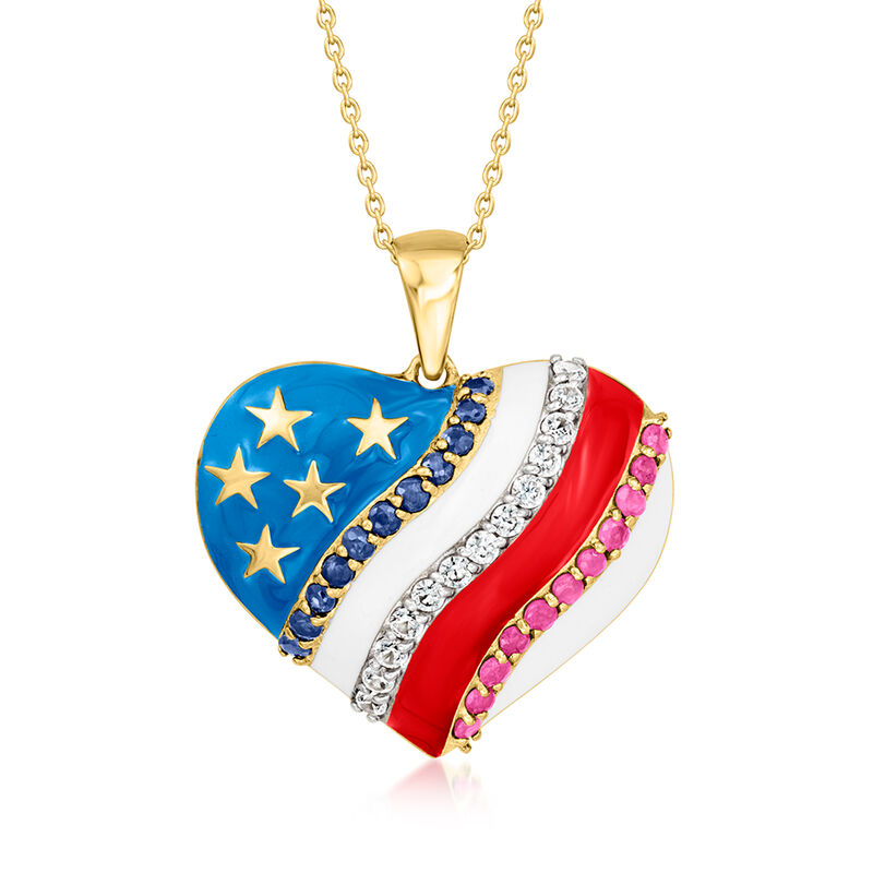 Multicolored Enamel and 2.10 ct. t.w. Multi-Gemstone American Flag Heart Pendant Necklace in 18kt Gold Over Sterling. 18&quot; image number 1