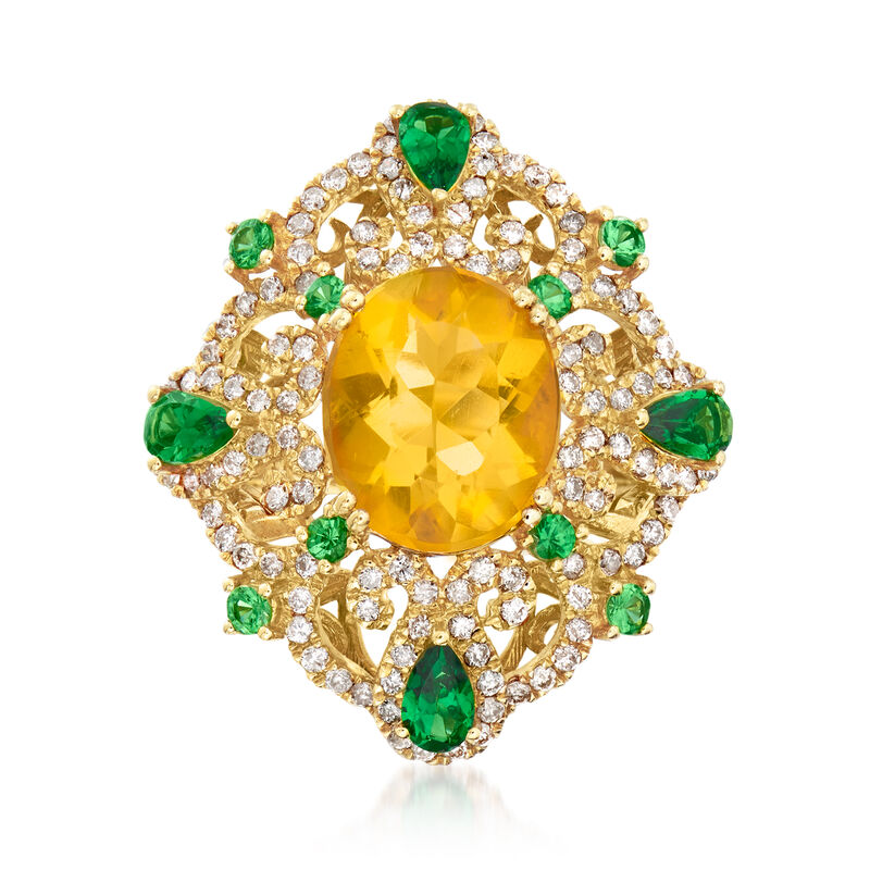 C. 1980 Vintage Fire Opal, 1.15 ct. t.w. Tsavorite and .60 ct. t.w. Diamond Ring in 18kt Yellow Gold. Size 6.5 image number 0