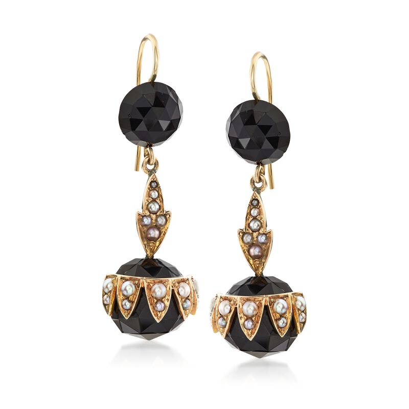 C. 1900 Vintage Black Onyx Bead and Cultured Pearl Earrings in 14kt Yellow Gold image number 0