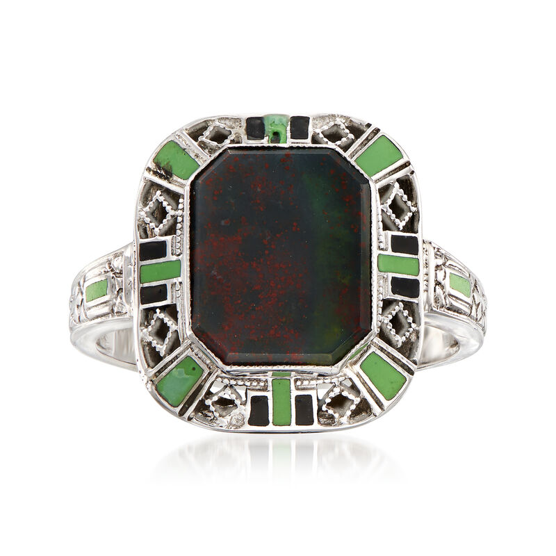 C. 1950 Vintage Red Bloodstone and Multicolored Enamel Ring in 14kt White Gold. Size 5.75 image number 0