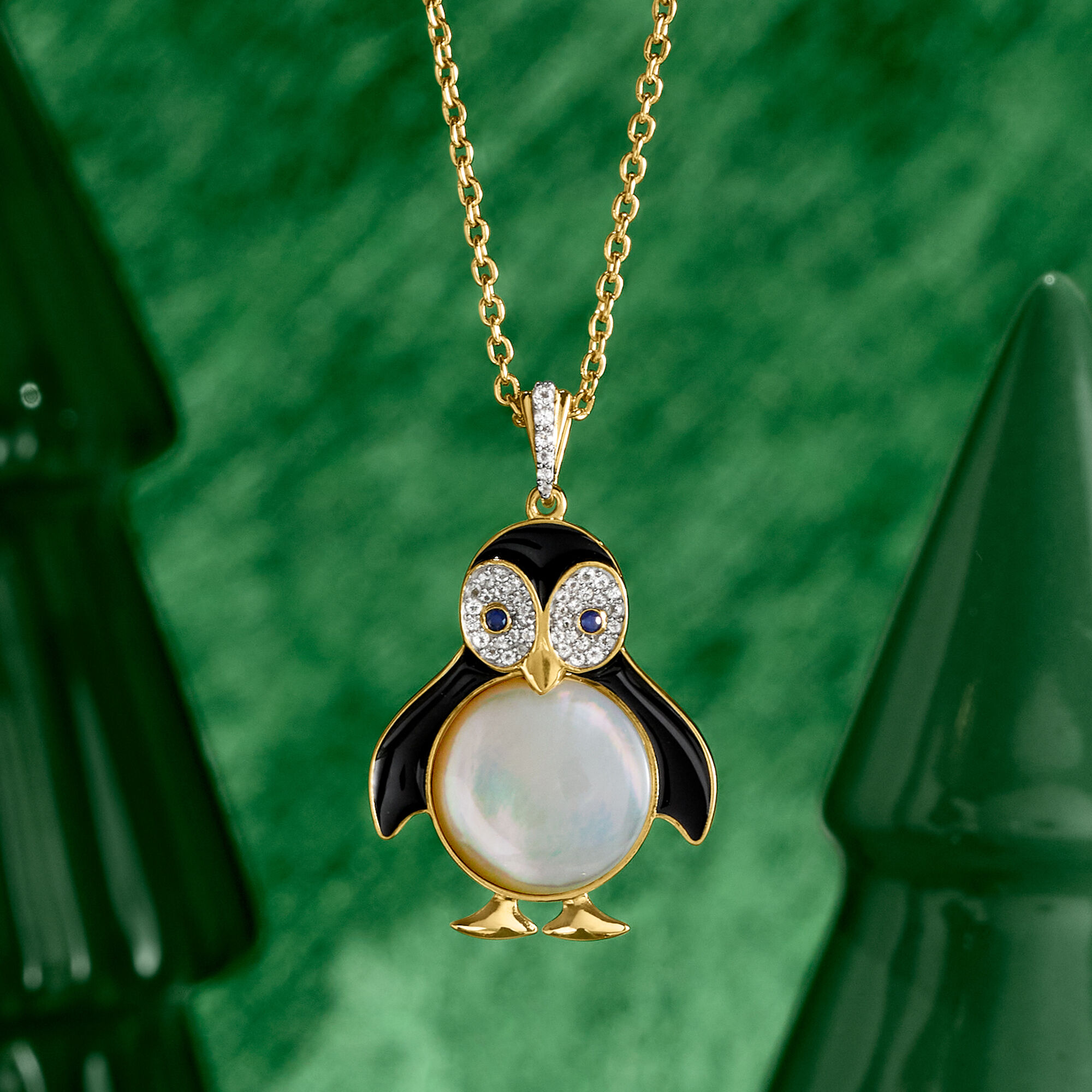Mother of Pearl and .10 ct. t.w. White Topaz Penguin Pendant Necklace with Black Enamel and Sapphire Accents in 18kt Gold Over Sterling