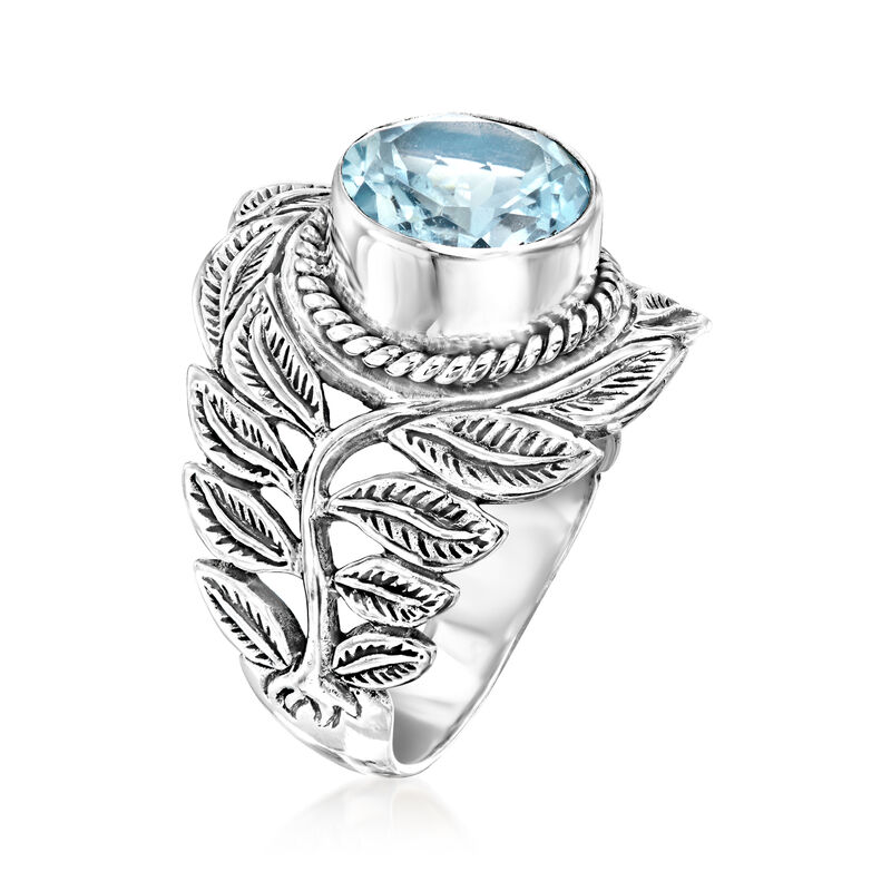 2.50 Carat Sky Blue Topaz Bali-Style Leaf Ring in Sterling Silver image number 2
