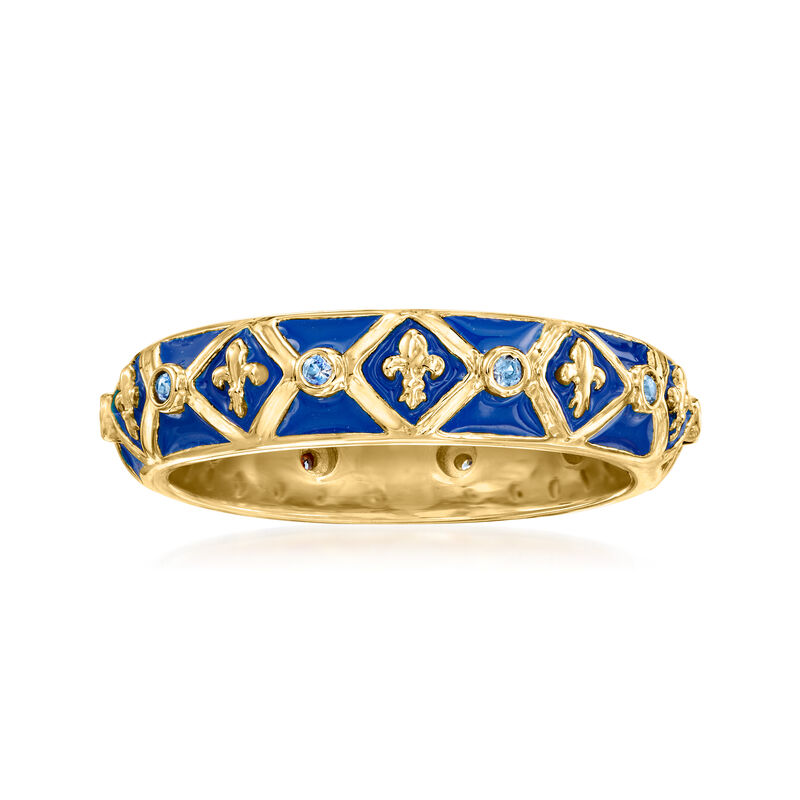 .10 ct. t.w. Sapphire and Blue Enamel Fleur-De-Lis Ring in 18kt Gold Over Sterling image number 0