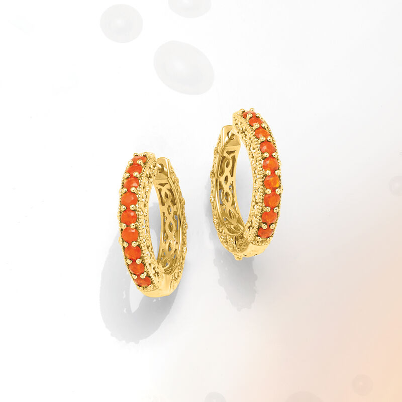 Fire Opal Hoop Earrings in 18kt Gold Over Sterling. 7/8&quot; image number 2