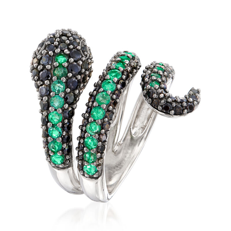 1.80 ct. t.w. Black Spinel and .90 ct. t.w. Emerald Snake Bypass Ring in Sterling Silver image number 2
