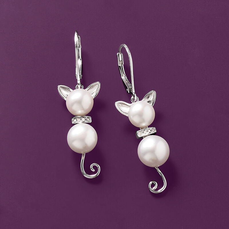 7.5-9mm Cultured Pearl and Diamond Cat Drop Earrings in Sterling Silver image number 2