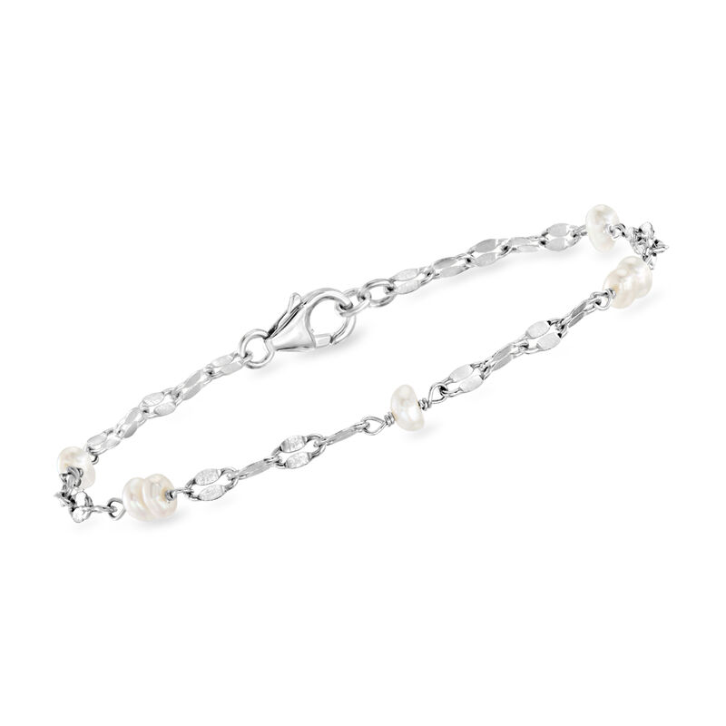 3-4mm Cultured Pearl and Sterling Silver Jewelry Set: Two Lumachina-Chain Bracelets. 7&quot; image number 3