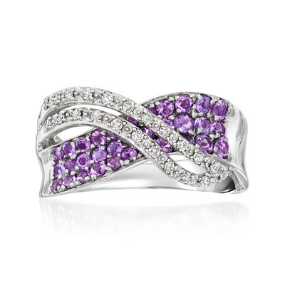C. 1990 Vintage .66 ct. t.w. Amethyst and .25 ct. t.w. Diamond Crisscross Ring in 10kt White Gold