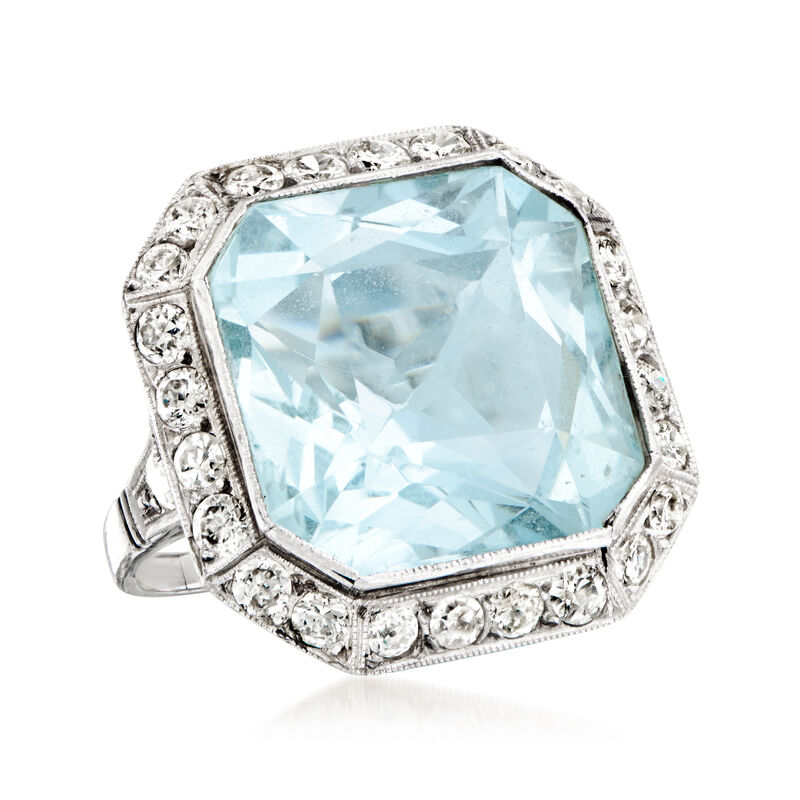 C. 1950 Vintage 12.00 Carat Aquamarine and 1.30 ct. t.w. Diamond Ring in Platinum. Size 5 image number 3