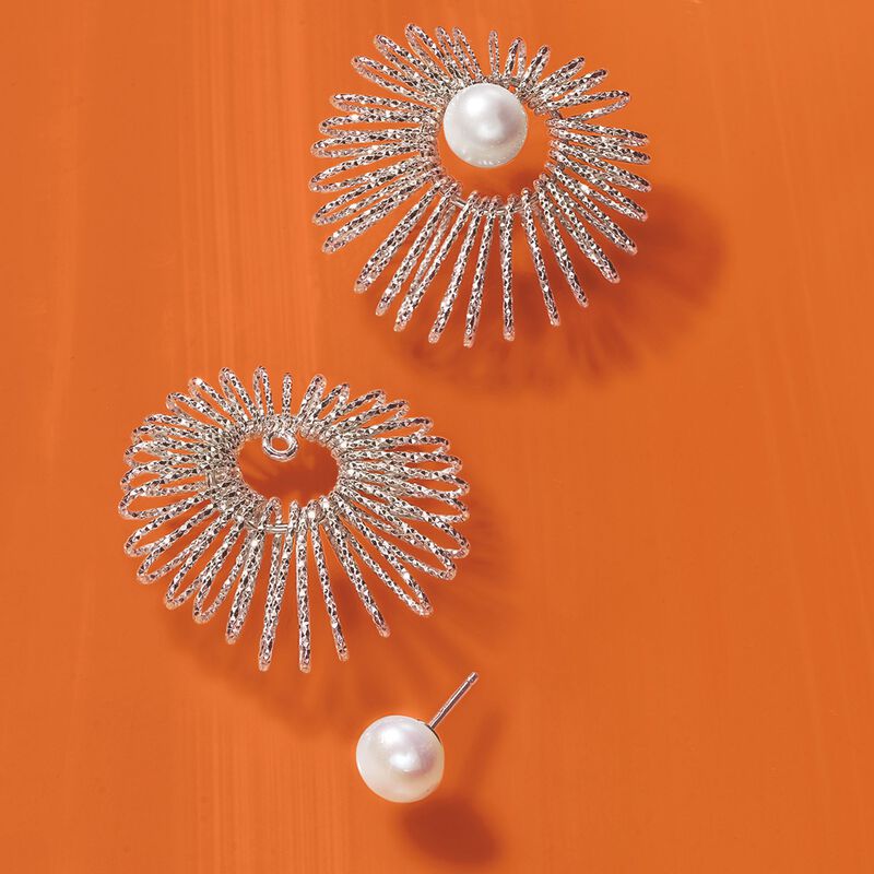 Italian Sterling Silver Jewelry Set: 8-8.5mm Cultured Pearl Earrings and Starburst Earring Jackets image number 6
